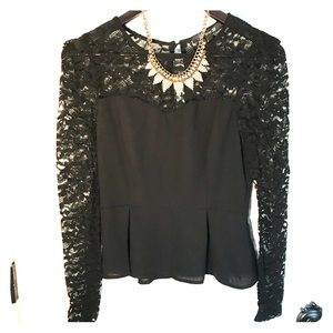 NWOT Forever 21 Peplum Lace Black Top. Beautiful